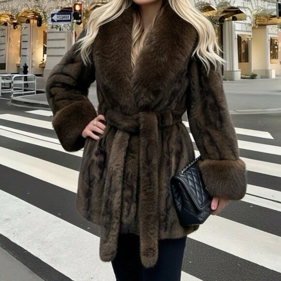 Coffee Brown Women's Christmas Faux Fur Long Sleeve Coat - Picture 3 of 7